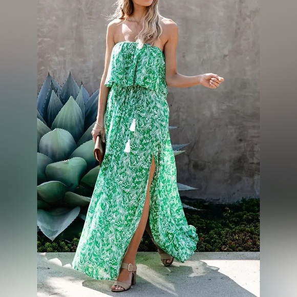 Japna Boho Green White Tropical Maxi Dress Size Medium New - Picture 1 of 9